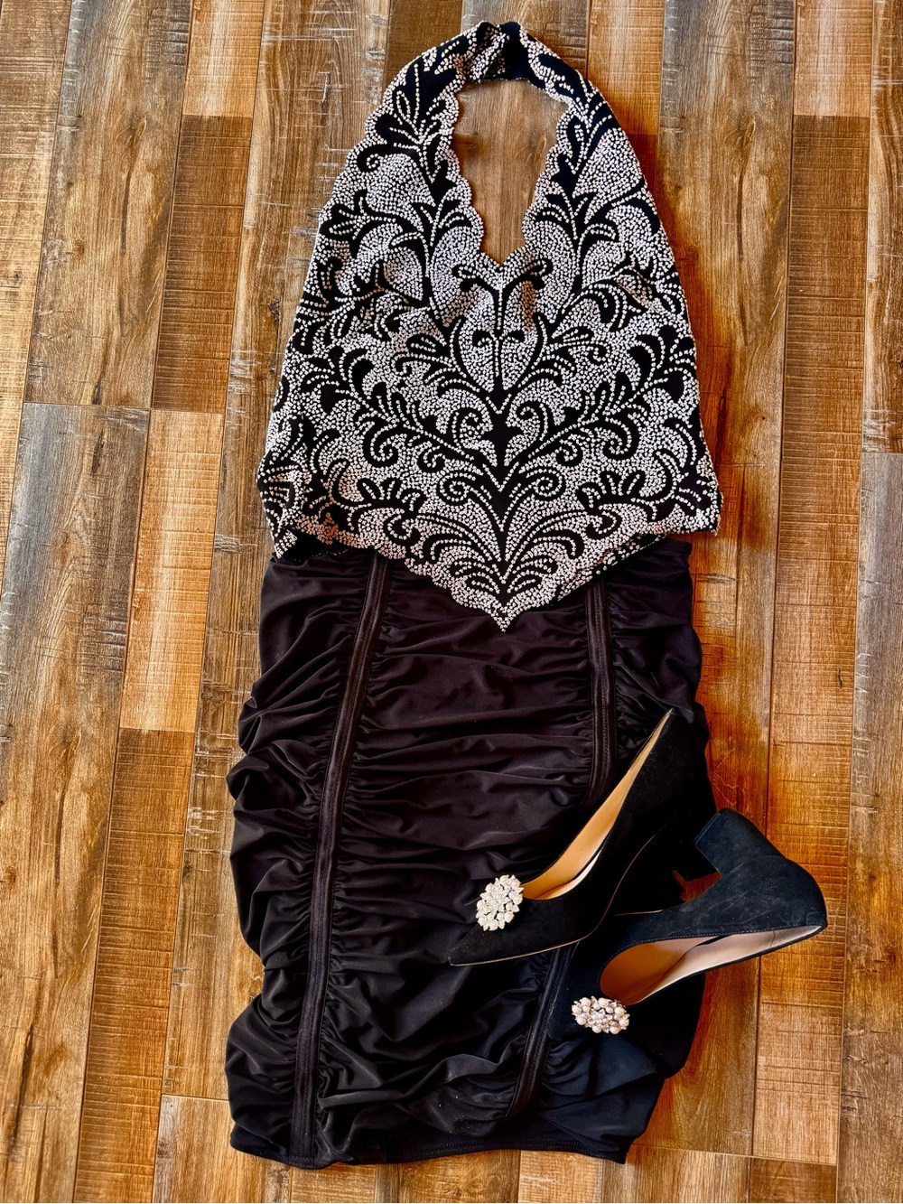 Tadashi Floral Beaded Blouse in Black & White Size XS